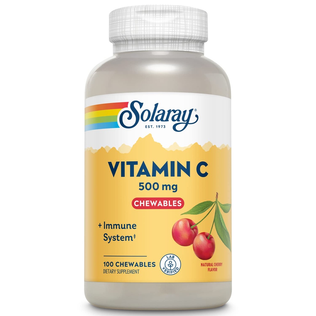 SOLARAY Chewable Vitamin C 500 mg, Natural Cherry Flavor with Natural Sweeteners, Antioksi ve Immune Support Supplement with Whole Food Base, 60-Day Garanti, 100 Hizmet, 100 Chewables