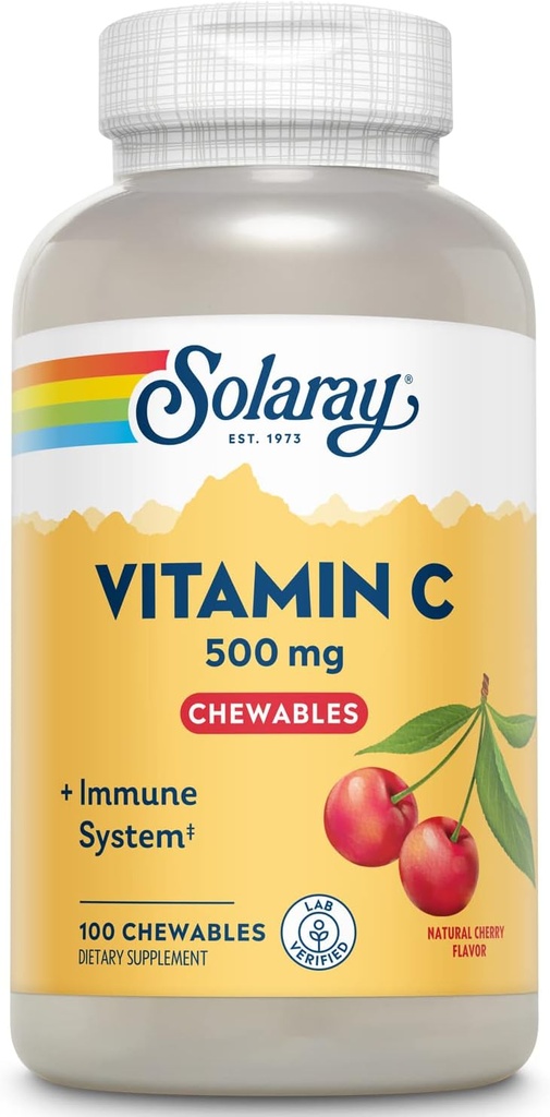 SOLARAY Chewable Vitamin C 500 mg, Natural Cherry Flavor with Natural Sweeteners, Antioksi ve Immune Support Supplement with Whole Food Base, 60-Day Garanti, 100 Hizmet, 100 Chewables