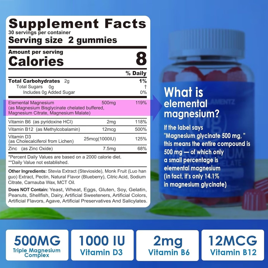 Συμπλήρωμα μαγνησίου 500mg, Gummys Σύμπλεγμα μαγνησίου w/Magnesium Γλυκινικό, Μηλεϊνικό, Κιτρικό, D3, B6, B12 για τον ύπνο, Ημικρανία ανακούφιση, μυών & οστών, Ultimate Απορρόφηση συμπλήρωμα μαγνησίου, 2 συσκευασία