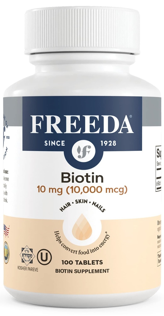 FREEDA Biotin 10.000 mcg - Kosher Saç, Skin & Nails Supplement - Saç Büyüme ve Güçlü Çiçeği için Yüksek Lisans - D-Biotin ile Vegan Tabletler - 100 Tiny Tablet
