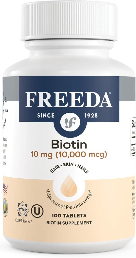 FREEDA Biotin 10.000 mcg - Kosher Saç, Skin & Nails Supplement - Saç Büyüme ve Güçlü Çiçeği için Yüksek Lisans - D-Biotin ile Vegan Tabletler - 100 Tiny Tablet