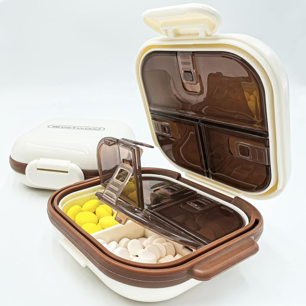 Foldable Small Pill case with 7 Large Compartments, Easy to Open Daily Pill Box for Purse, Travel Pill Organizer Pill Container Pill Holder for Vitamins, Supplements and Medications (Beige)