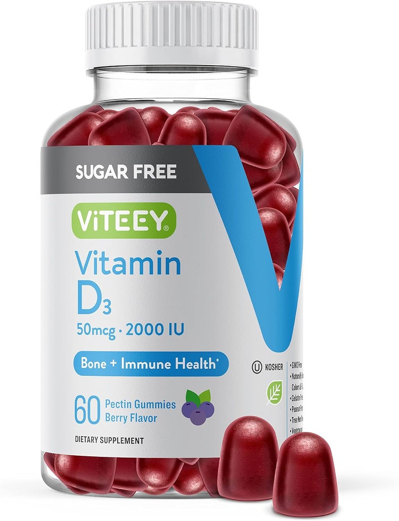 Yetişkinler ve gençler için Viteey Vitamin D3 Gummies - 2.000 IU, 50mcg - Sugar Free, Bone, Joint & Muscle Health, Immune Boost - Vegetarian, Gelatin Free, GMO Free - Tasty Chewable Berry Flavored Gummy