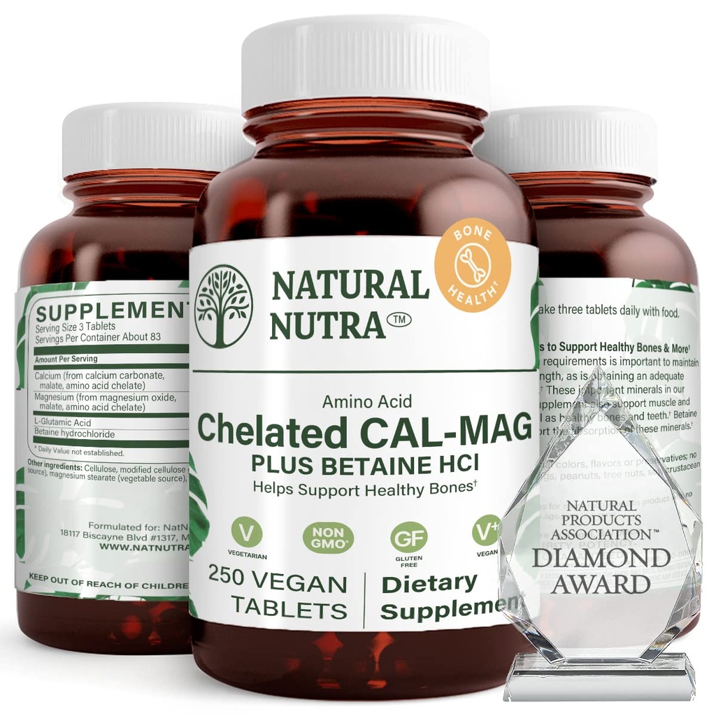 Doğal Nutra Chelated Dolce Magnezyum 1000/500 mg Supplements Plus Betaine HCL - Chelated Cal Mag Kemik Yoğunluğu, Destekler Kas, Dişler, Cardiovascular & Nerve Health, 250 Vegan Tabletler