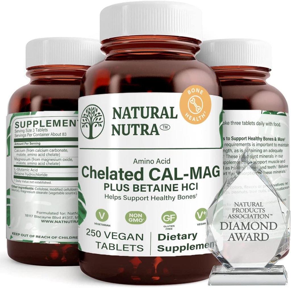 Doğal Nutra Chelated Dolce Magnezyum 1000/500 mg Supplements Plus Betaine HCL - Chelated Cal Mag Kemik Yoğunluğu, Destekler Kas, Dişler, Cardiovascular & Nerve Health, 250 Vegan Tabletler
