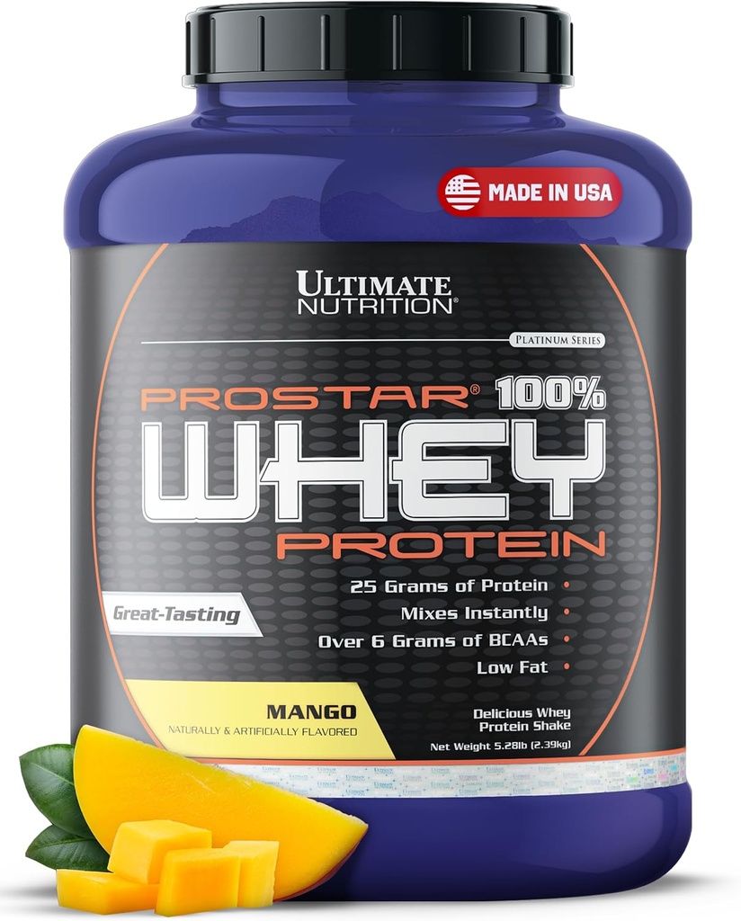 Ultimate Nutrition Prostar Whey Protein Powder Isolate, Mango - Low Carb, High Protein Powder Shake for Muscle Gain & Recovery - Low Sodium, Low-Fat & Keto Friendly - 5.28 lbs Tub