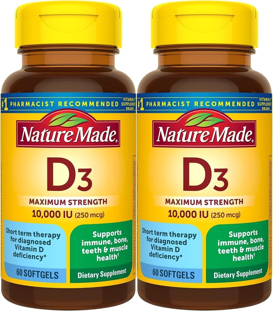 Nature Made Maximum Strength Vitamin D3 10000 IU (250 mcg), Συμπλήρωμα διατροφής για τα οστά, τα δόντια, τους μυς και το ανοσοποιητικό υγεία υποστήριξη, 60 Softgels, 60 ημέρα προσφοράς - πακέτο των 2