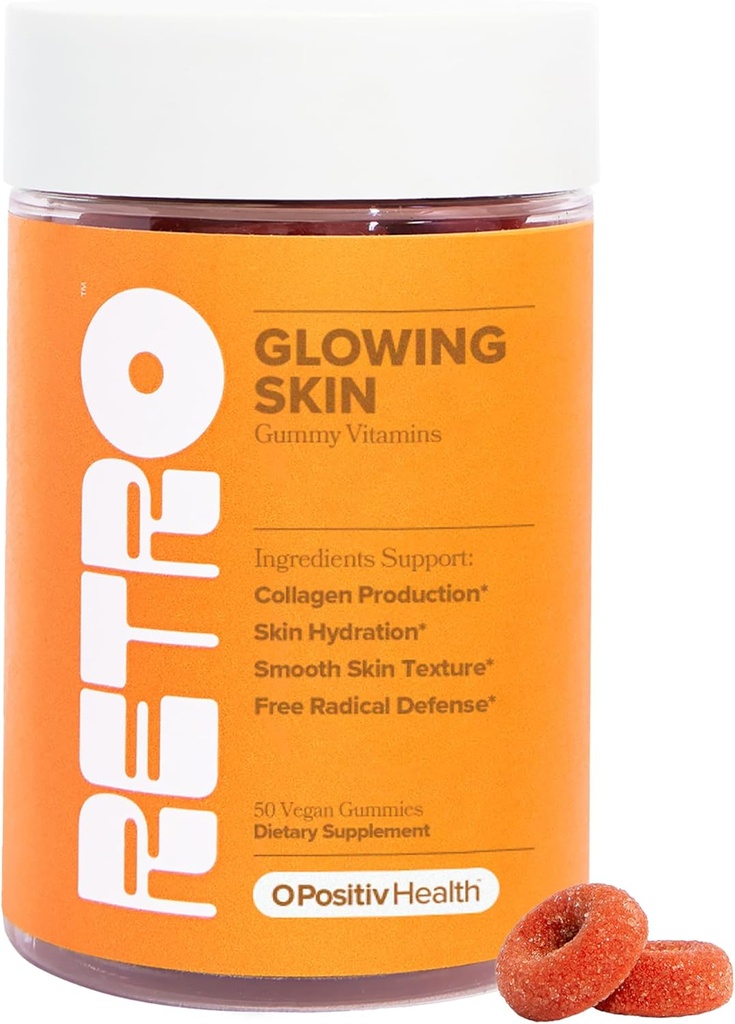 O Positiv RETRO Gummy Glowing Skin Vitamins for Collagen Production – Astaxanthin, Vitamin E, Wine Extract, Hibiscus & Vitamin C – Vegan Skin Gummies for Smooth Skin & Hydration, 50 Count (kırık Skin & Hydration)