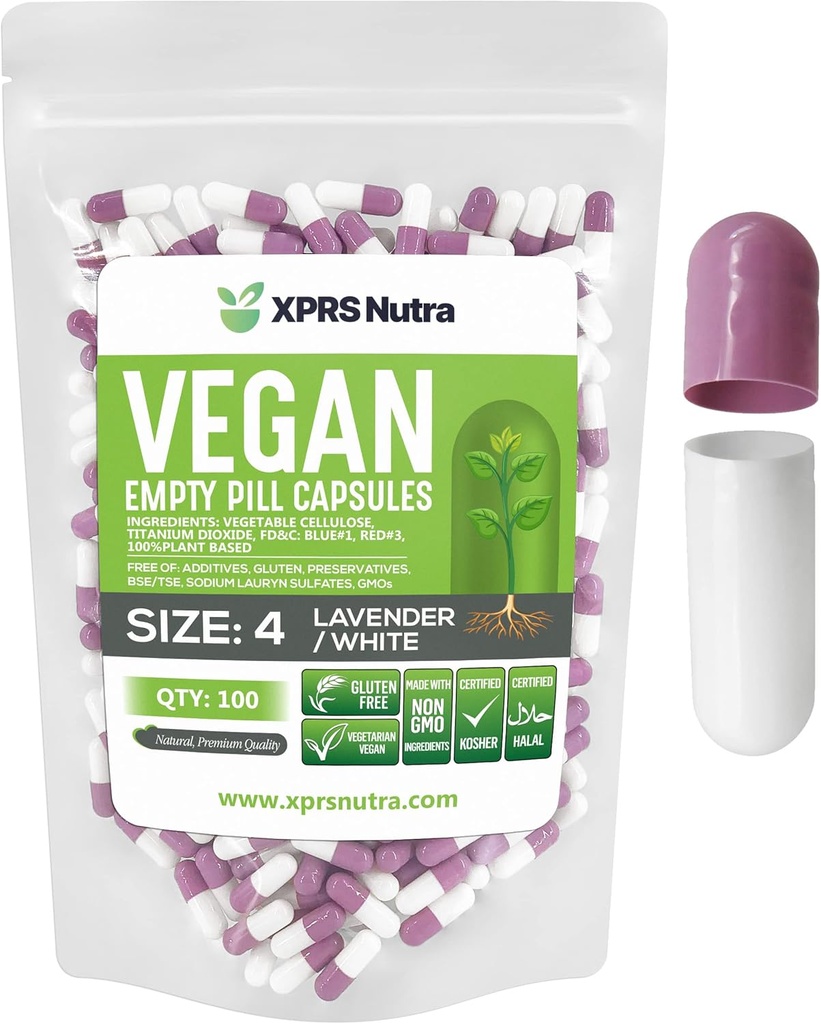 XPRS Nutra Boyutu 4 Boş Kapsüller - 500 Kont Küçük Boş Vegan Capsules - Vejetaryen Pills - DIY Sebze Kapsülü - Tamamlanan Do-It- Your Veggie Caps for Supplements (Lavender/Beyaz)