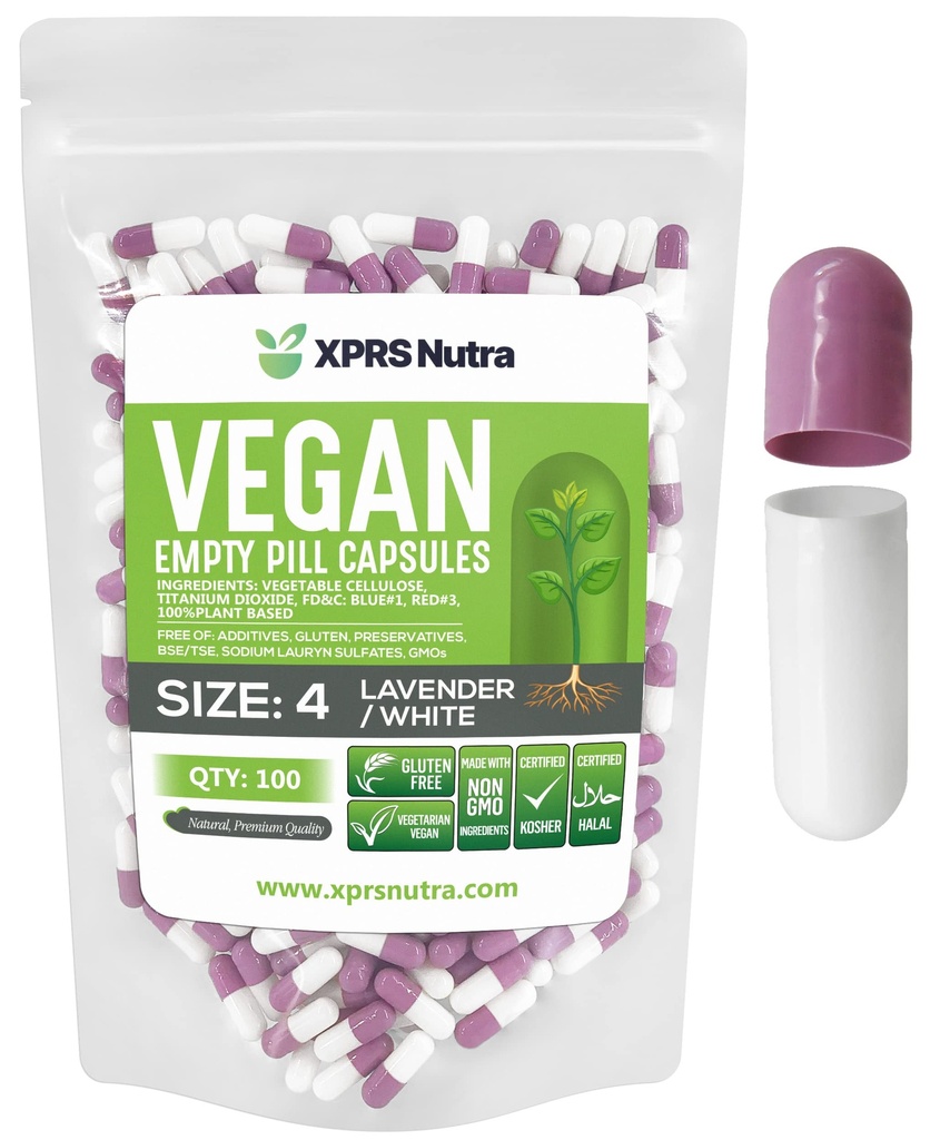XPRS Nutra Size 4 Empty Capsules - 500 Count Small Empty Vegan Capsules - Vegetarian Pills - DIY Vegetable Capsule Filling - Fillable Do-It-Yourself Veggie Caps for Supplements (Lavender/White)