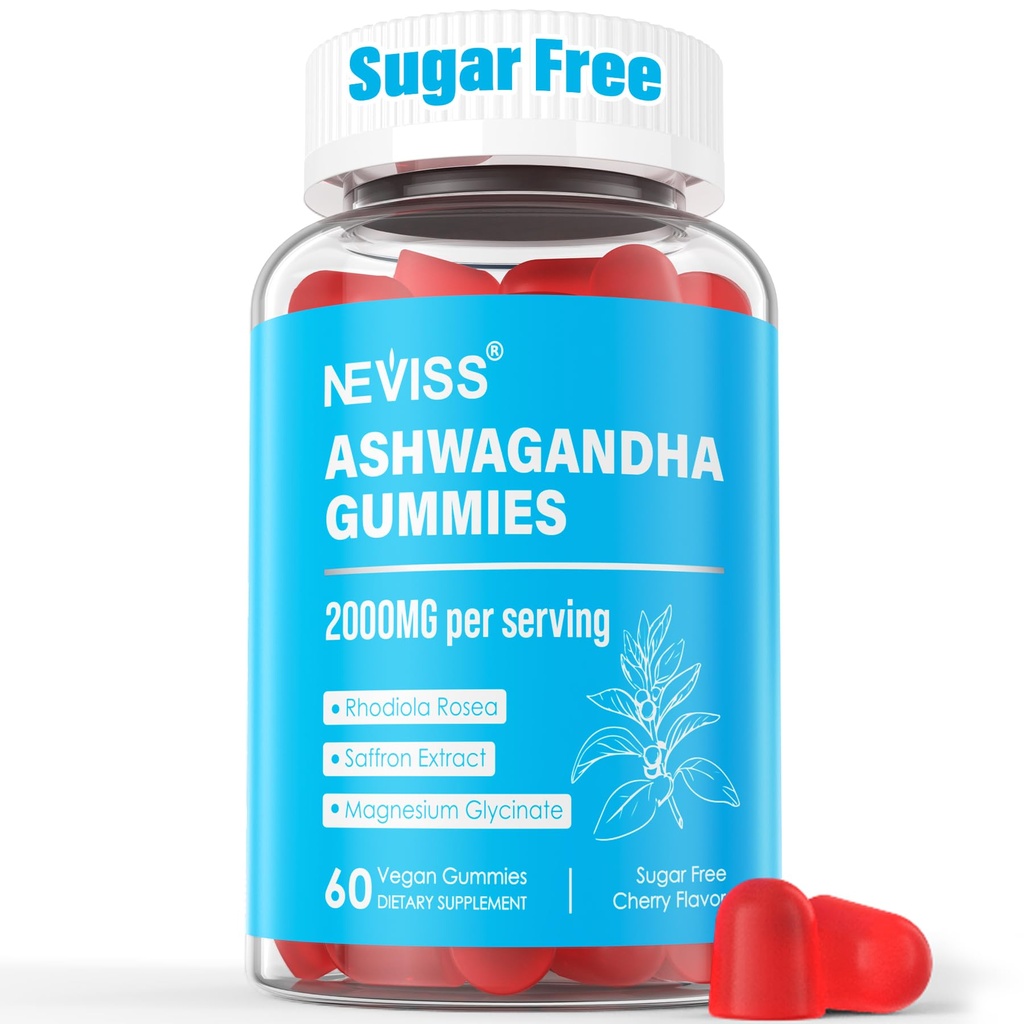 Sugar Free Ashwagandha Gummies - Magnezyum Glycinate, Rhodiola Rosea, çinko, Limon Balm, B6 - Rahatlama Desteği, Doğal Zzz, Stamina, Erkekler için Enerji - 60 Counts
