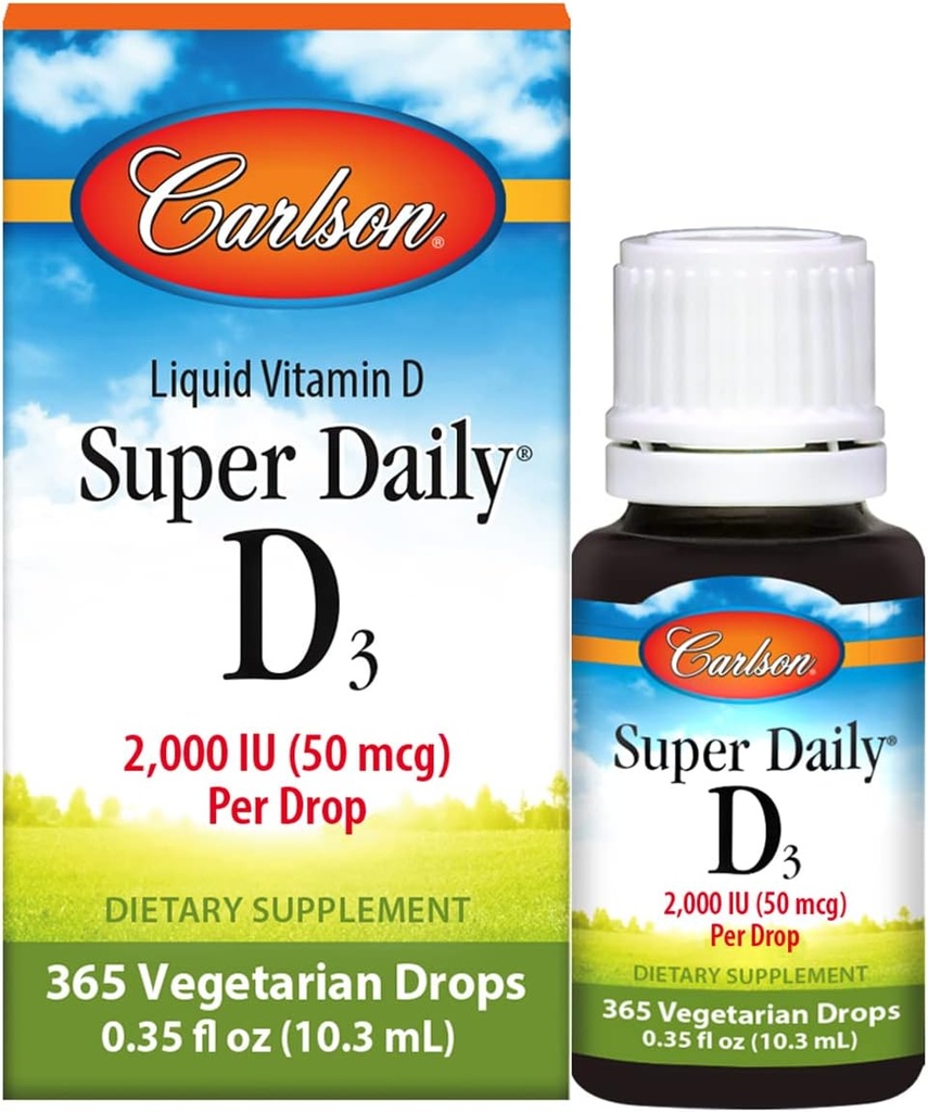 Carlson - SuperDaily D3, σταγόνες βιταμίνης D, 2.000 IU ανά Σταγόνα, 1-Ετος Προμήθεια, βιταμίνη D3 Υγρή, Καρδιά & Ανοσοποιητική Υγεία, Χορτοφαγική, Υγρή βιταμίνη D Σταγόνες, Άγευστη, 365 σταγόνες