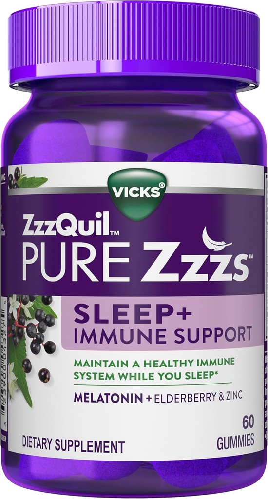 ZzzQuil Pure Zzzs Sleep + Immune Support Melatonin Sleep Aid Gummies with Elderberry, çinko, Chamomile, Lavender, & Valerian Root, 1mg per Gummy, 60 ct