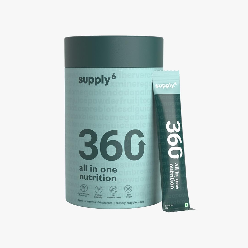 SUPPLY6 360 Yeşiller Toz 80 + Superfoods, Ayurvedic Herbs, Vitaminler, Mineraller, Probiyotikler ve Botanikler | Enerji, Gut Health & Immunity | Plant-Based & Nodrew Sugar | 15 Hizmet