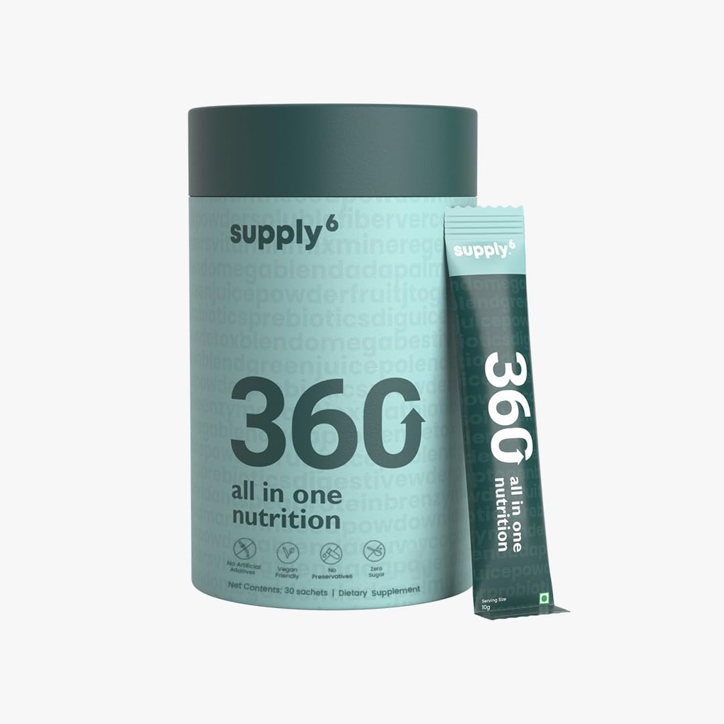 SUPPLY6 360 Yeşiller Toz 80 + Superfoods, Ayurvedic Herbs, Vitaminler, Mineraller, Probiyotikler ve Botanikler | Enerji, Gut Health & Immunity | Plant-Based & Nodrew Sugar | 15 Hizmet
