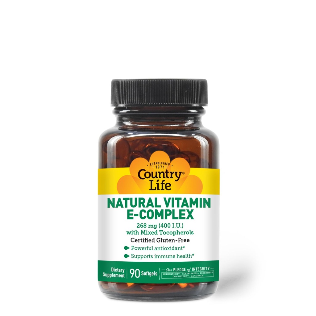 Country Life Vitamin E-Complex 400 IU – Natural Mixed Tocopherols – Antioxidant & Immune Support – Promotes Skin Health & Fights Oxidative Stress – Certified Gluten-Free – 90 Softgels