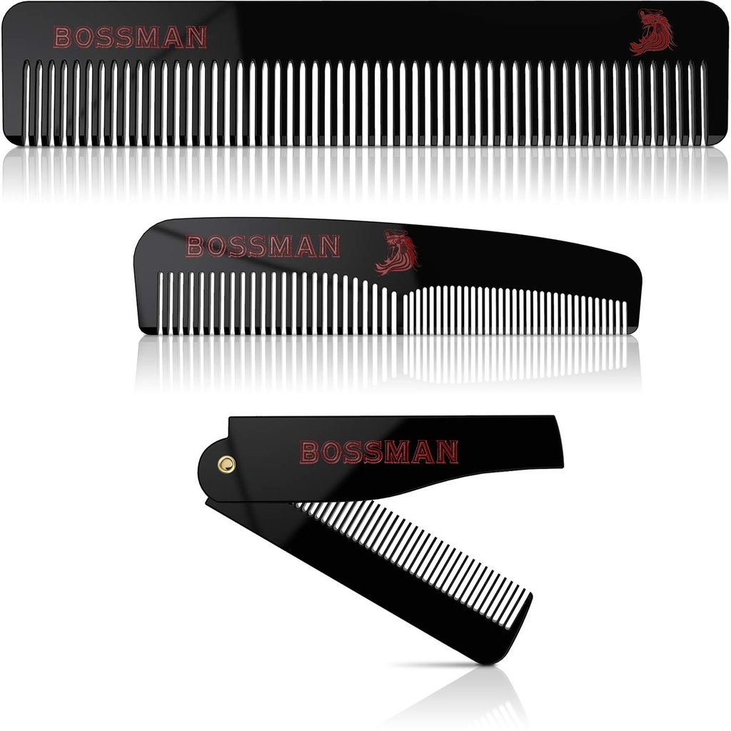 Bossman Akraba Ayıd, Mustache, & Hair Comb 3 - Minimalist Manyetik Kutu ile Erkekler için Combs (7.5-Inch, 5-Inch, 3.5-Inch) - Özellikler Yuvarlak Dişler, Çift-Sided Dişler ve Katlanabilir Tasarım
