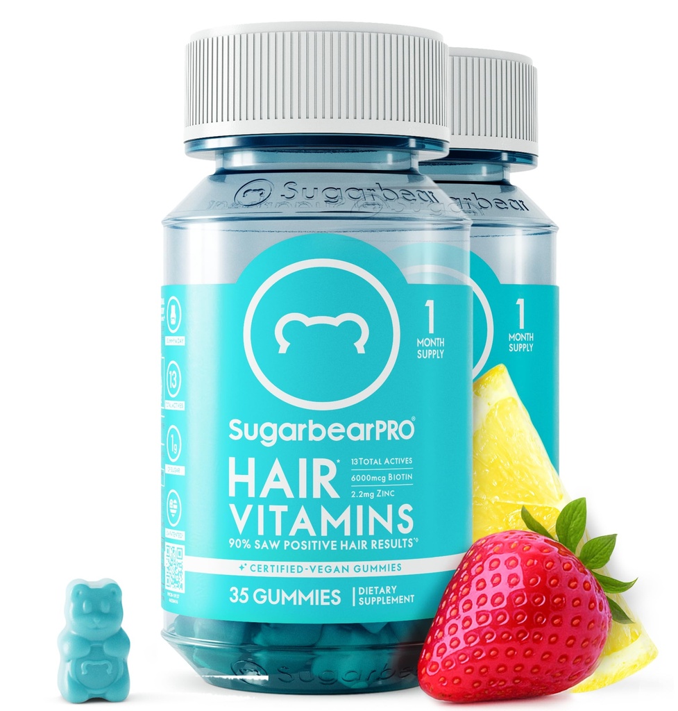 Sugarbear Hair Vitamin Gummy 2 Moon Supply Ekstra Strength Biotin 600006, Men & Women, Vegan B12, MSM, Inositol, Omega 3, Elderberry, Sertifikalı Kosher, Halal, Cruelty-Free