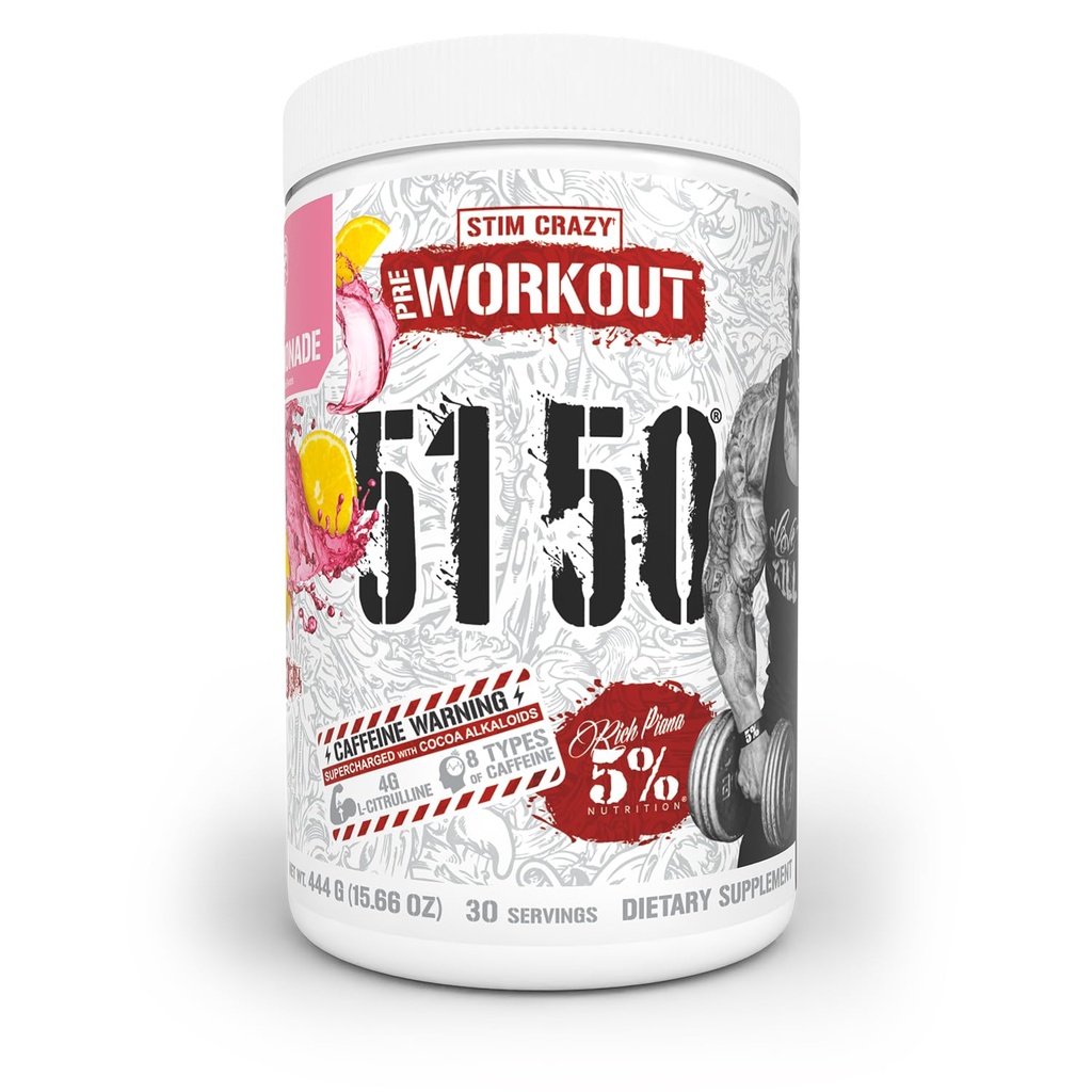 5 Beslenme Zengin Piana 5150 Yüksek Stim Pre-Workout Toz | Extreme Energy, Focus, Pumps & Endurance | 400 mg Caffeine, Citrulline, Beta Alanine, N-Acetyl L-Tyrosine | 30 Srvgs (Pink Lemonade)