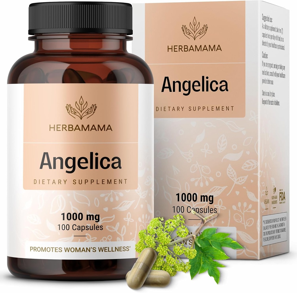 HERBAMAMA Dong Quai Supplement - Kadınlar Desteği için 1000 mg Angelica Kök - Dong Quai Toz Capsules - Vegan, Non-GMO Angelica Herb Antioxy Supplement for Women