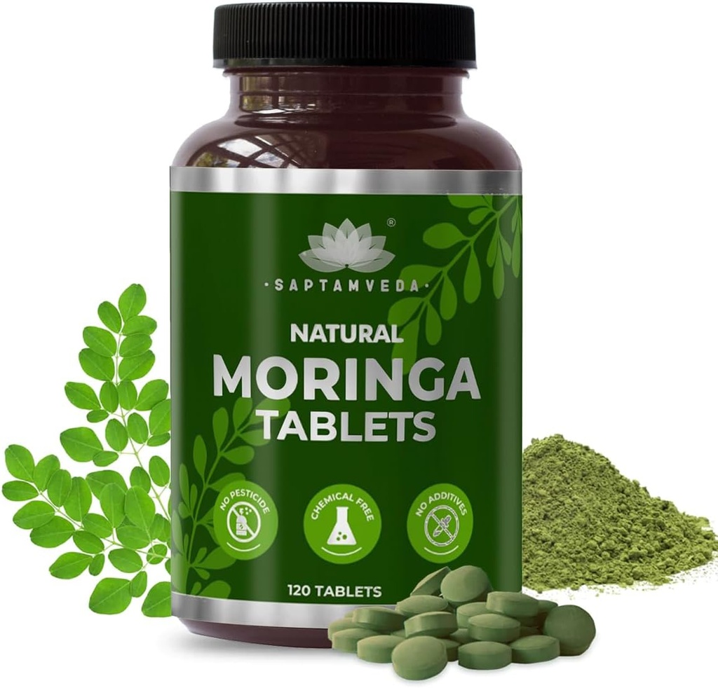 SAPTAMVEDA Natural Moringa Tabletleri, Drumstick Leaf Tabletleri (120 Tabletler) - 500 mg Her | Doğal Multi-Vitamin | Rich in Anti-Oxidant, Immunity Alert | Good for Hair & Skin from India Farms