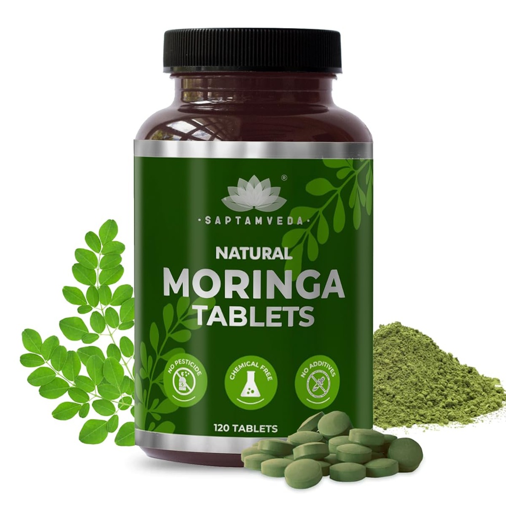 SAPTAMVEDA Natural Moringa Tabletleri, Drumstick Leaf Tabletleri (120 Tabletler) - 500 mg Her | Doğal Multi-Vitamin | Rich in Anti-Oxidant, Immunity Alert | Good for Hair & Skin from India Farms