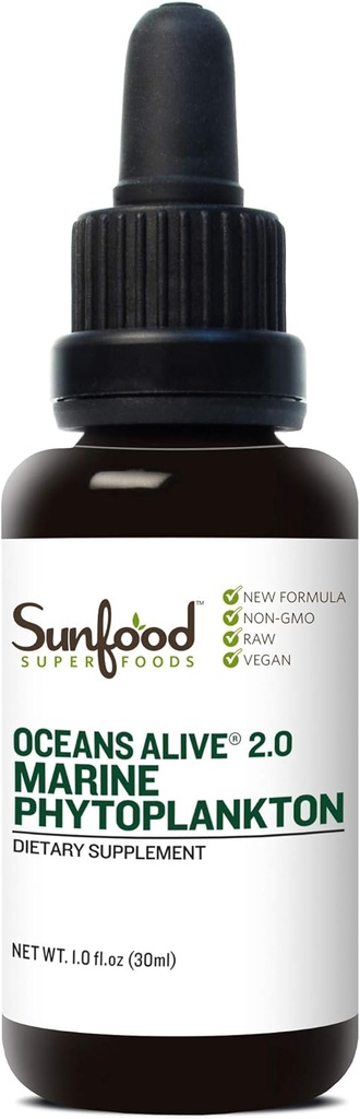Sunfood Marine Phytoplankton Supplement - Pure Ocean Mineral Drops for Men & Women with Magnesium & Superoxide Dismutase, SOD, Cell Food, Natural Energy & Focus - 1 FL Oz Dropper (30 Services)