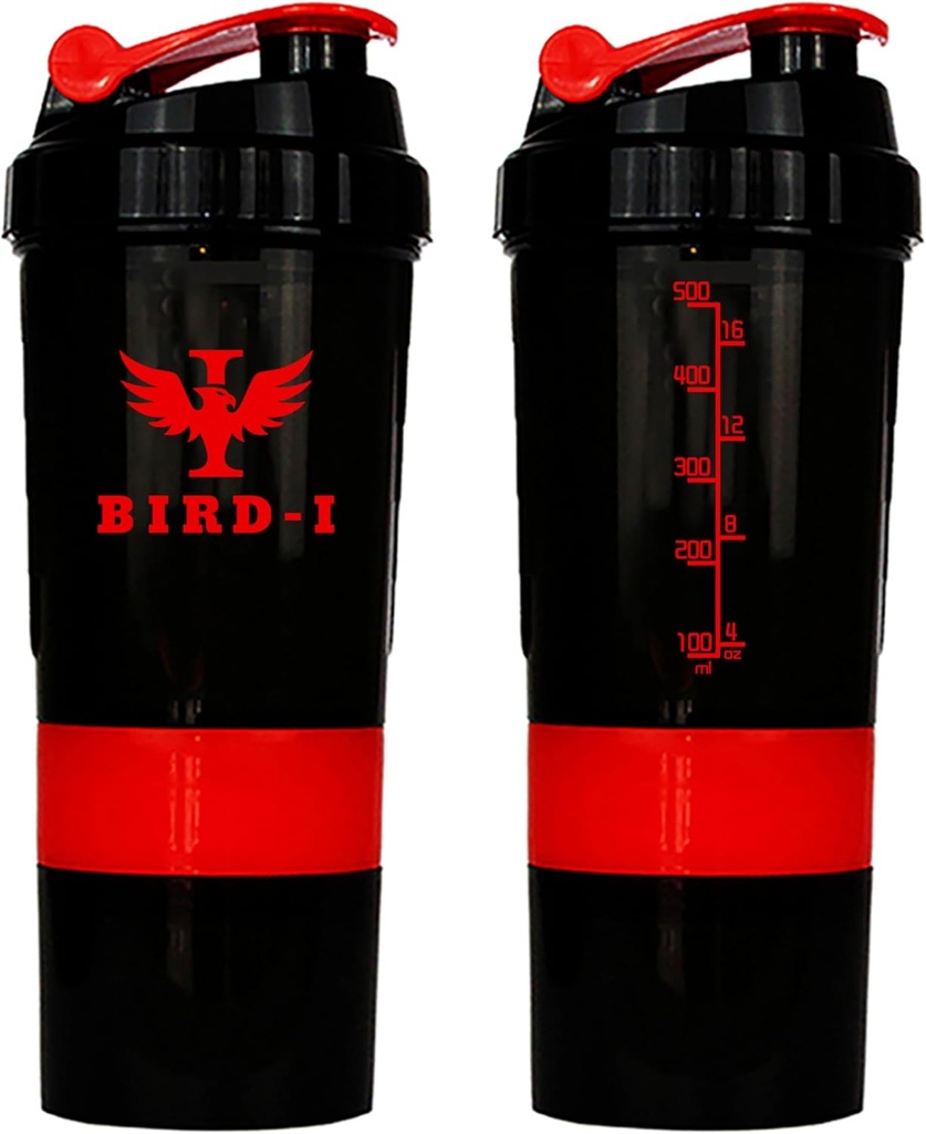BIRD-I Gym protein Shaker, 3-in-1, 500 ml/16.9oz, Faraday-Free, Metal Mikser. (RED), JT4101
