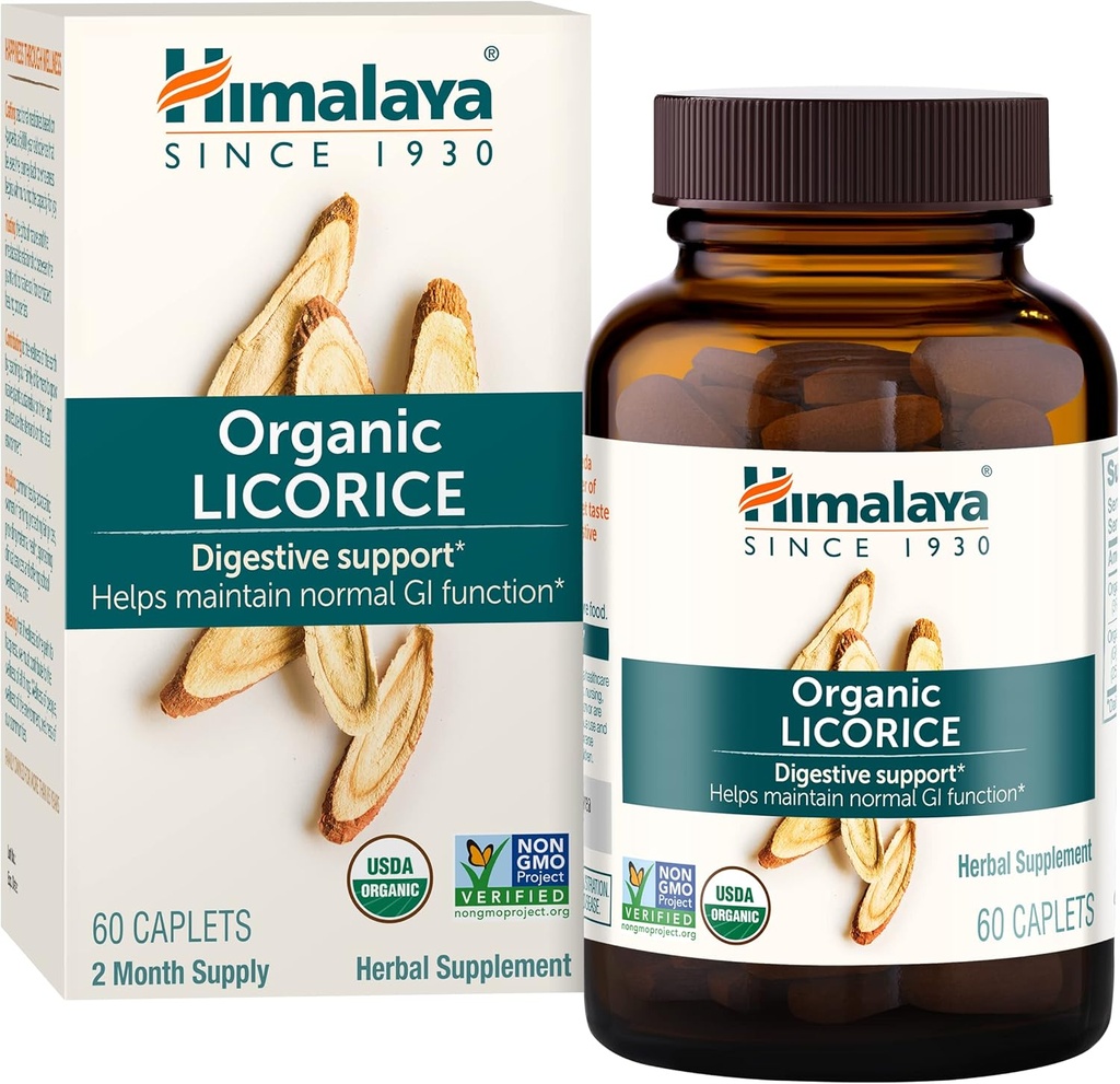 Himalaya Organik Licorice, 60 Gün Supply - Upset Stomach Relief ve Occasional Bloating and Heartburn - USDA Organic, Vegan, Non-GMO, Non-DGL, Gluten Free, 60 Caplets