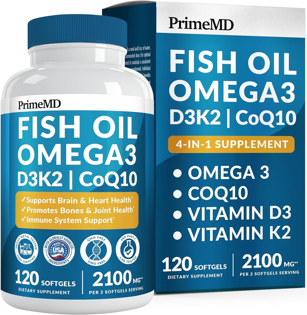 4-in-1 Fish Oil Omega 3 Fatty Supplements (2100 mg) - Omega 3 Balık Yağı D3 K2 ve CoQ10 - Lemon Flavored (120 softgels)