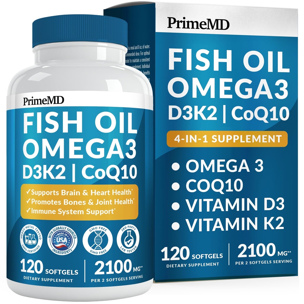 4-in-1 Fish Oil Omega 3 Fatty Supplements (2100 mg) - Omega 3 Balık Yağı D3 K2 ve CoQ10 - Lemon Flavored (120 softgels)