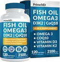 4-in-1 Fish Oil Omega 3 Fatty Supplements (2100 mg) - Omega 3 Balık Yağı D3 K2 ve CoQ10 - Lemon Flavored (120 softgels)