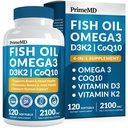 4-in-1 Fish Oil Omega 3 Fatty Supplements (2100 mg) - Omega 3 Balık Yağı D3 K2 ve CoQ10 - Lemon Flavored (120 softgels)