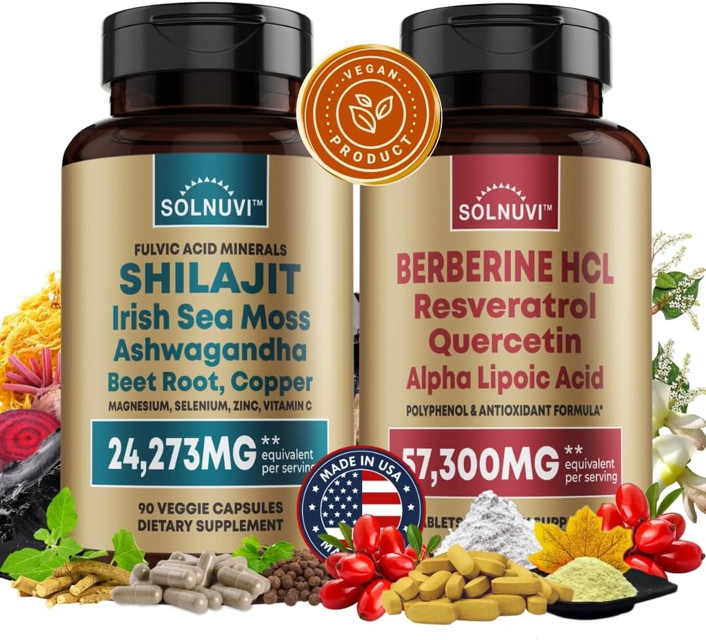 Όλα σε ένα πακέτο ζωτικότητας - Shilajit καθαρό οργανικό & Berberine HCl Complex - Sea Moss, Ashwagandha, Resveratrol, Alpha Lipoic Acid, Quercetin - μη GMO, χωρίς γλουτένη, συμπλήρωμα Vegan