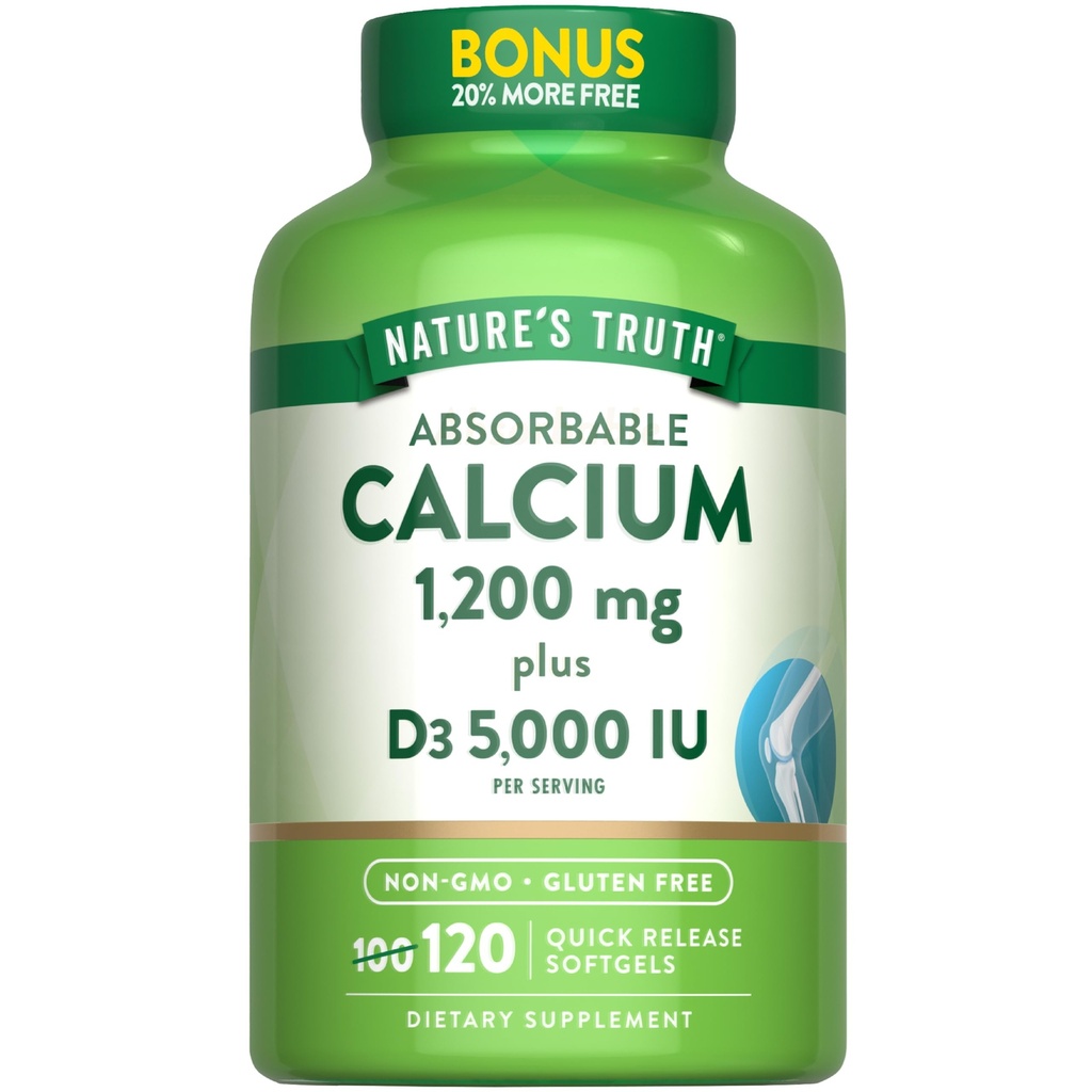 Nature's Truth Absorbabledis 1200 mg with Vitamin D3 5000 IU | 120 Softgels |dis Carbonate | Non-GMO & Gluten Free Supplement Supplement