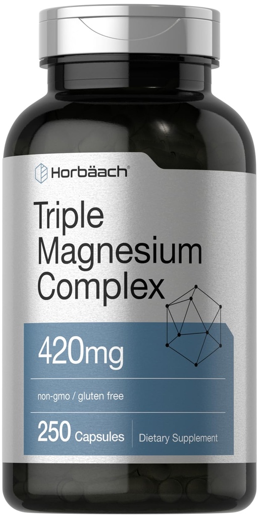 Horbäach Triple Magnezyum Kompleksi | 420 mg | 250 Capsules | Non-GMO ve Gluten Free Formula | Magnezyum Oksit, Citrate, and Aspartate Diyetary Supplement