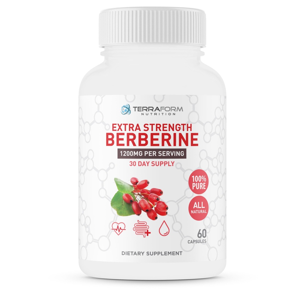 Berberine Supplement - 1200 mg Max Strength Berberine HCl Per Servis - Pure Berberine - 60 Capsules, 600 mg Her - 1 Ay Supply - TerraForm Beslenme