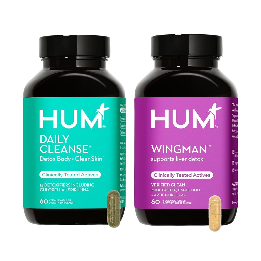 HUM Full Skin and Liver Health Supplement from Beslenme, Wingman and Daily Cleanse A Green Detox & Milk Butle for Skin Care Support and Liver Health, 2 Pack, 60 Vegan Capsules