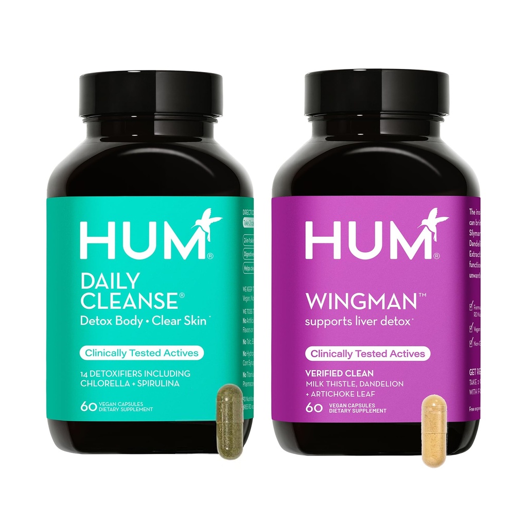 HUM Full Skin and Liver Health Supplement from Beslenme, Wingman and Daily Cleanse A Green Detox & Milk Butle for Skin Care Support and Liver Health, 2 Pack, 60 Vegan Capsules