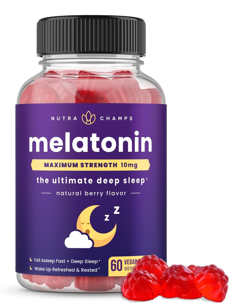 NutraChamps Melatonin Gummies for Yetişkinler, Ekstra Güçlü Uyku Aid Vitaminleri, 5 mg veya 10 mg Dose, Vegan Natural Strawberry Flavor Supplement for Better Sleep, Health Sleep Cycles, 60 Gummies