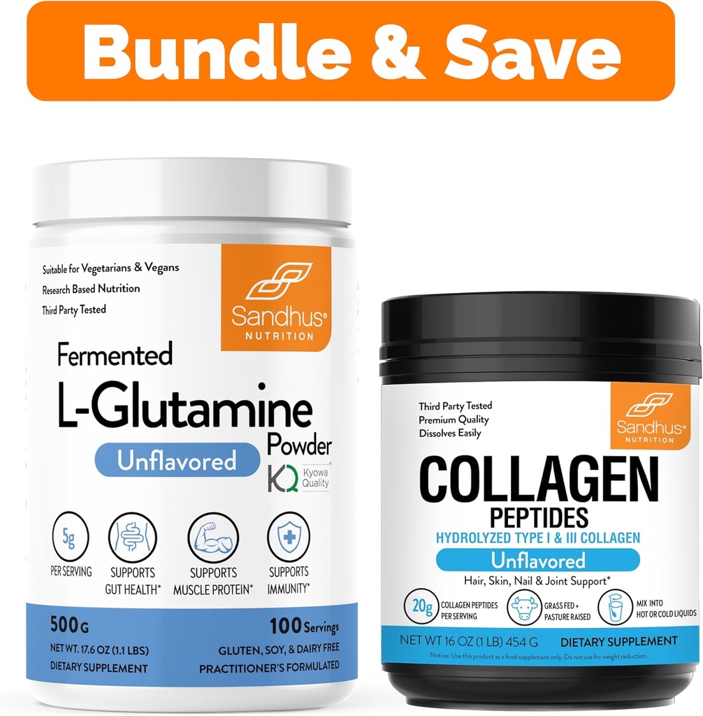 Sandhu'nun L-Glutamine Toz 100 Hizmet, 500g, 17.6 Oz., Büyük Boyut, 3 Ay Supply & Collagen Peptides Toz | Destekler Kas, Gut Health, Youthful Skin, Saç, Nails & Mobility