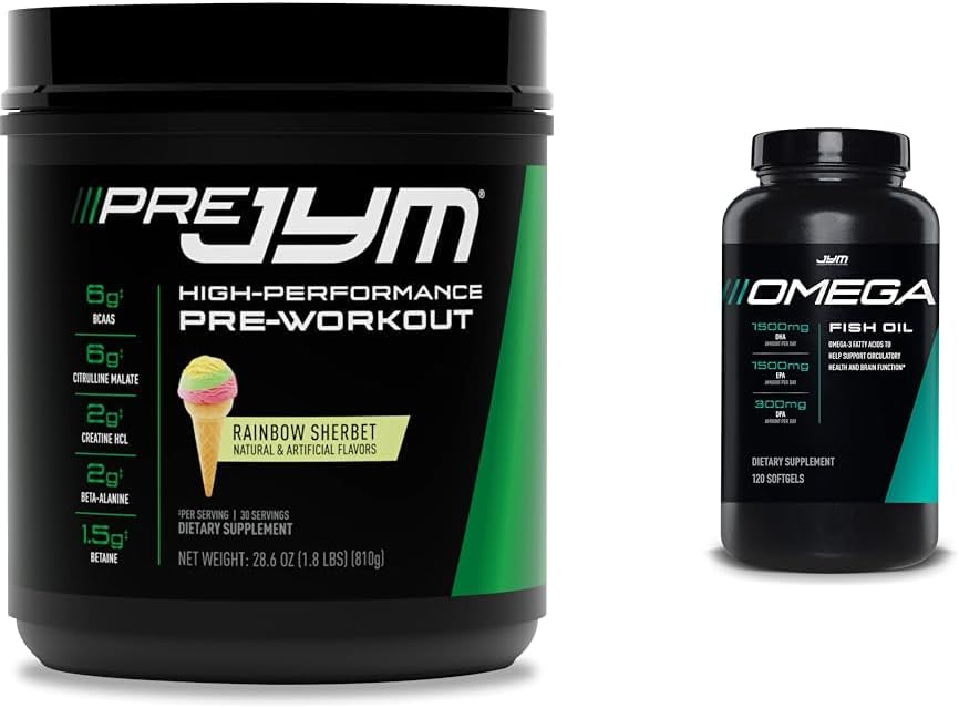 JYM Supplement Science Pre Jym Rainbow Sherbet 30 Σερβίρισμα & Omega JYM ιχθυέλαιο 2800mg 120 Softgels