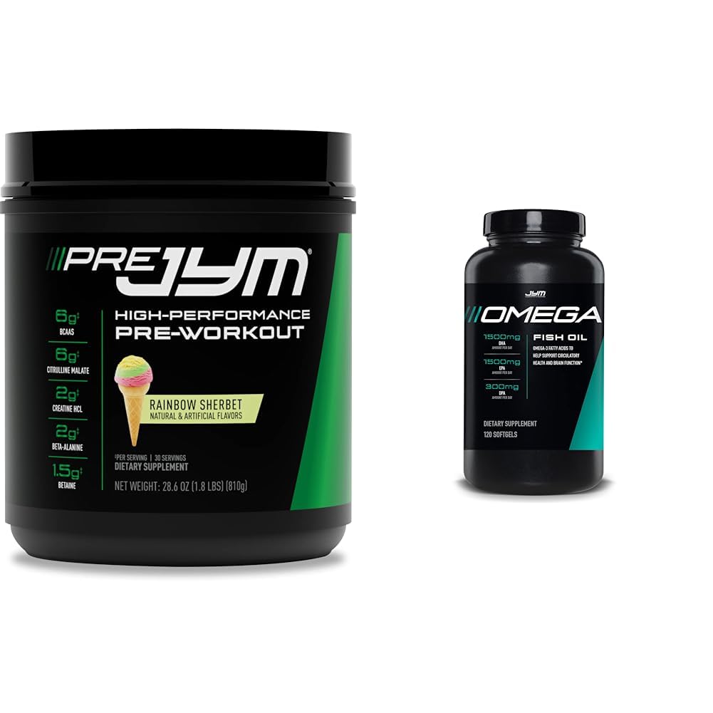 JYM Supplement Science Pre Jym Rainbow Sherbet 30 Hizmet ve Omega JYM Fish Oil 2800 mg 120 Softgels