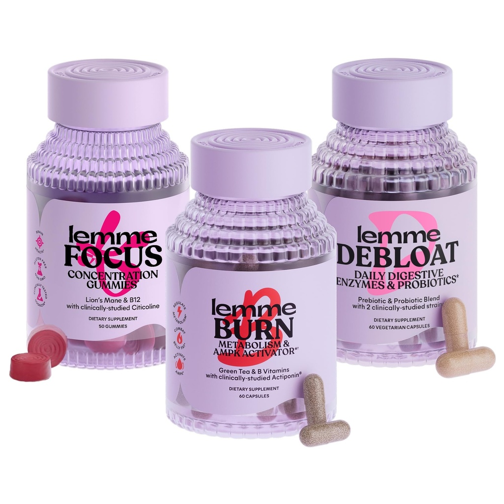 Lemme Burn, Debloat & Focus Sche | Metabolism & Fat Comb + Bloating & Gas Relief Capsules + Focus & Brain Health Gummies | Gluten-Free, Non-GMO | 60 Count Capsules & 50 Count Gummies