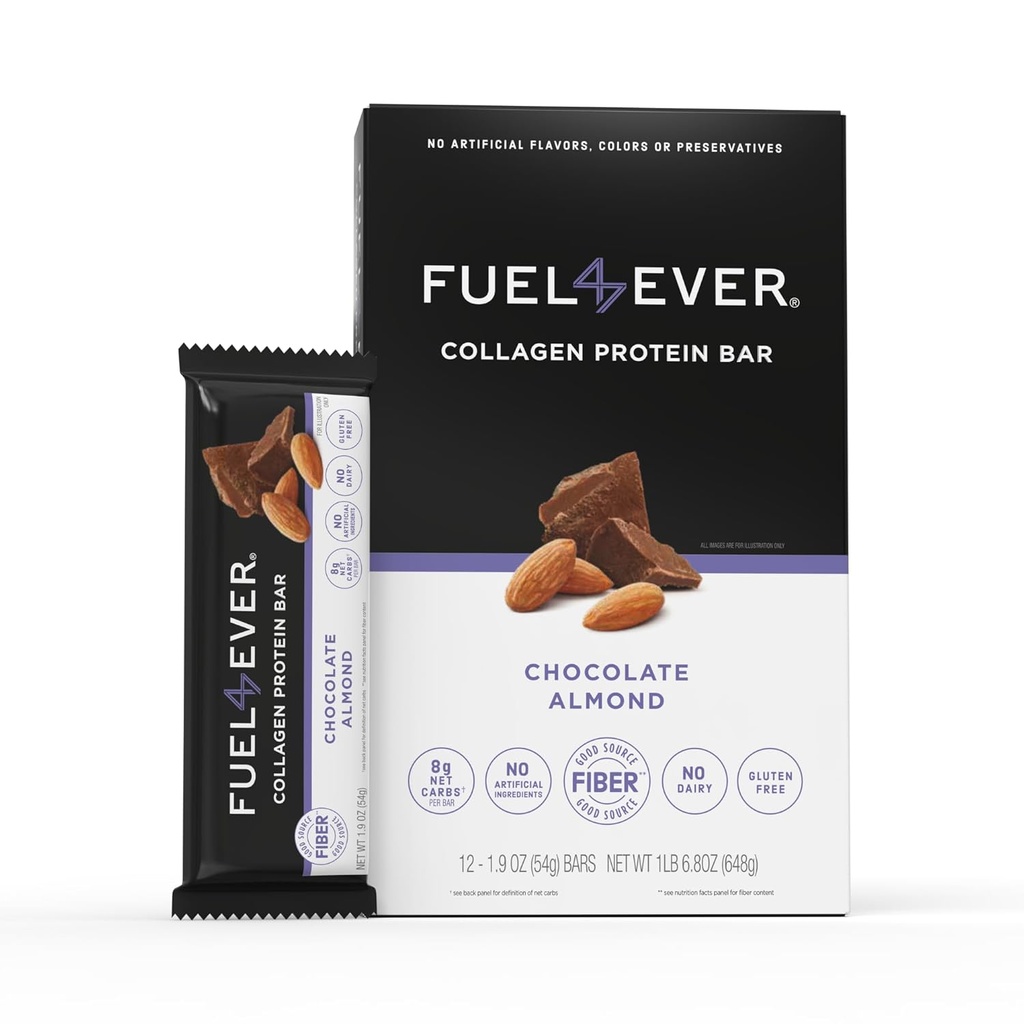 Yakıt 4 Ever Collagen protein Bars | 14G protein, Gluten Free, Dairy Free, No Stevia veya Yapay Malzemeler eklendi, Honey Chocolate | Almond Flavor ( 12. Cadde)