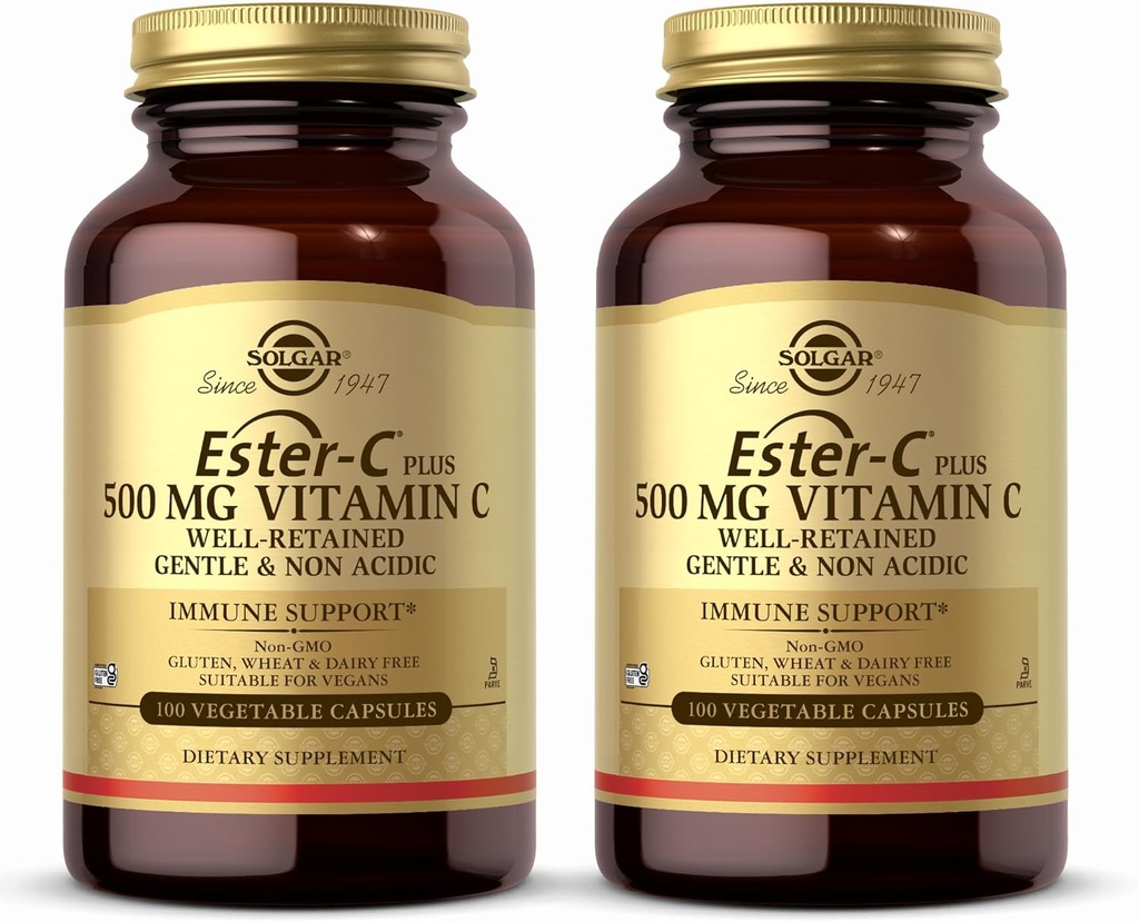 Solgar Ester-C Plus 500 mg Βιταμίνη C (Ascorbate Complex) - 100 κάψουλες λαχανικών, συσκευασία 2 - Αντιοξειδωτικό & Ανοσολογική Υποστήριξη - Μη ΓΤΟ, Vegan, Χωρίς γλουτένη, Kosher - 200 Σύνολο Σερβίρει