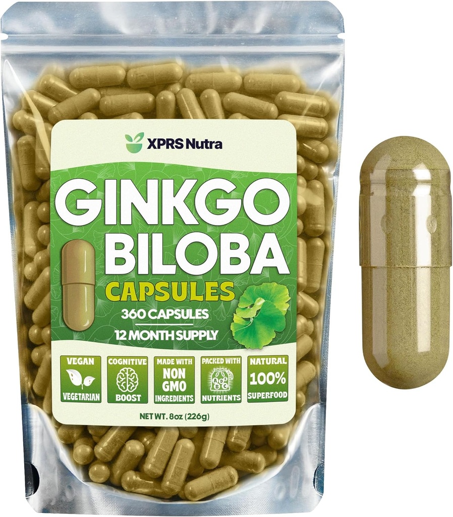 XPRS Nutra Ginkgo Biloba Capsules - Gingko Biloba Encapsated Supplements for Cognition - Vegan Dostu Ginkoba Biloba - Immunity Boosting Ginkgo Biloba Capsules - 360 Count