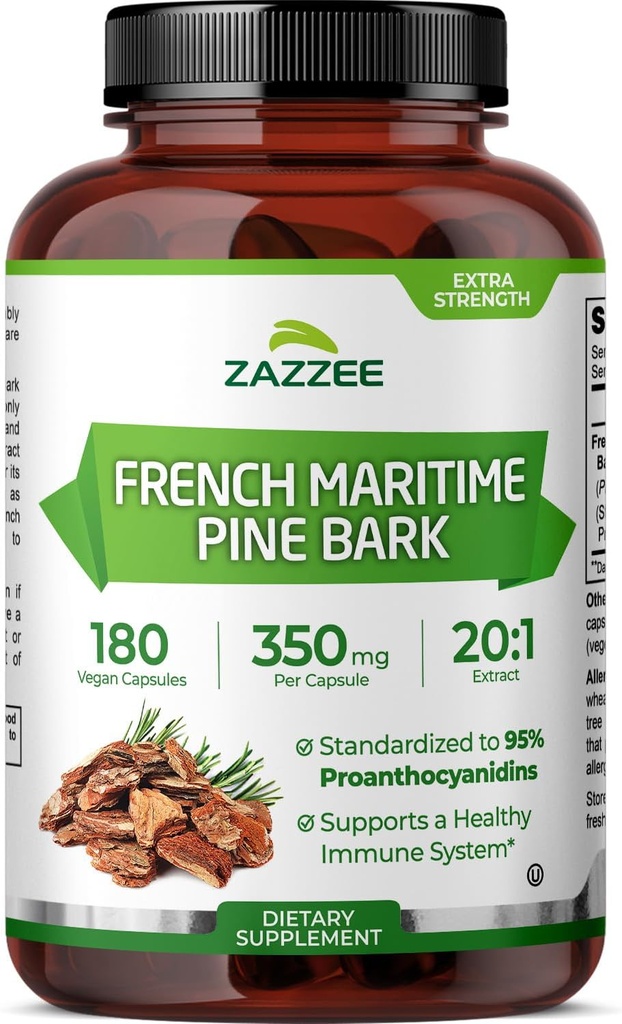 Zazzee Extra Strength French Maritime Pine Bark 20:1 Ekstraksiyon, 350 mg Per Capsule, 180 Vegan Capsules,% 95 Proanthocyanidins, Kosher, 6 Ay Supply, Standardized 20X Extract, Non-GMO, Made in the USA