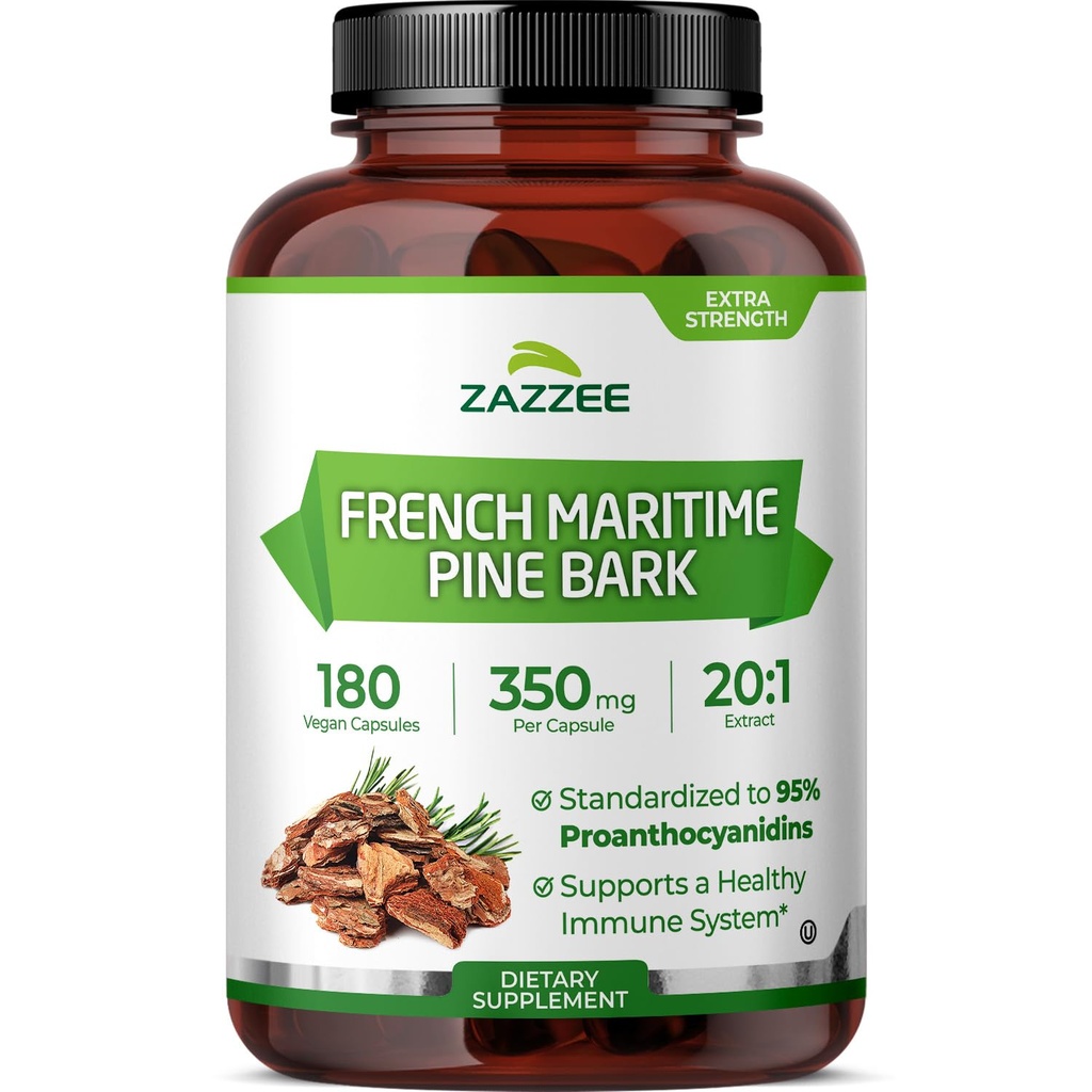 Zazzee Extra Strength French Maritime Pine Bark 20:1 Extract, 350 mg ανά καψάκιο, 180 κάψουλες Vegan, 95% Proanthocyanidins, Kosher, 6 μήνες προσφοράς, Standardized 20X Extract, Non-GMO, Made in The USA
