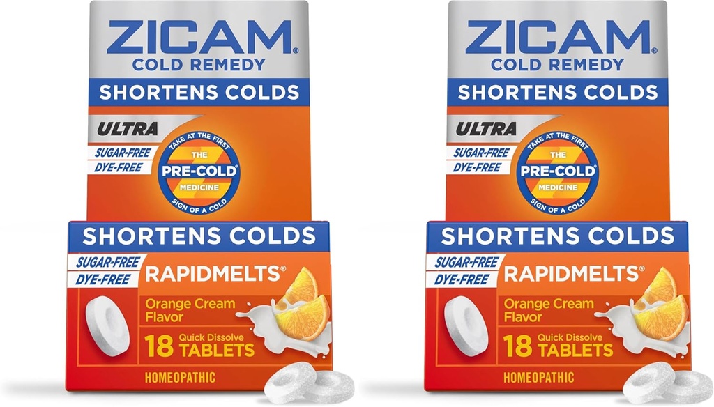 Zicam Ultra Cold Remedy Çinko Hızlımelts, Orange Cream Flavor, Homeopathic, Cold Shorting Medicine, Shortens Cold Duration, Sugar-Free, Dye-Free, 18 Count (Pack of 2)